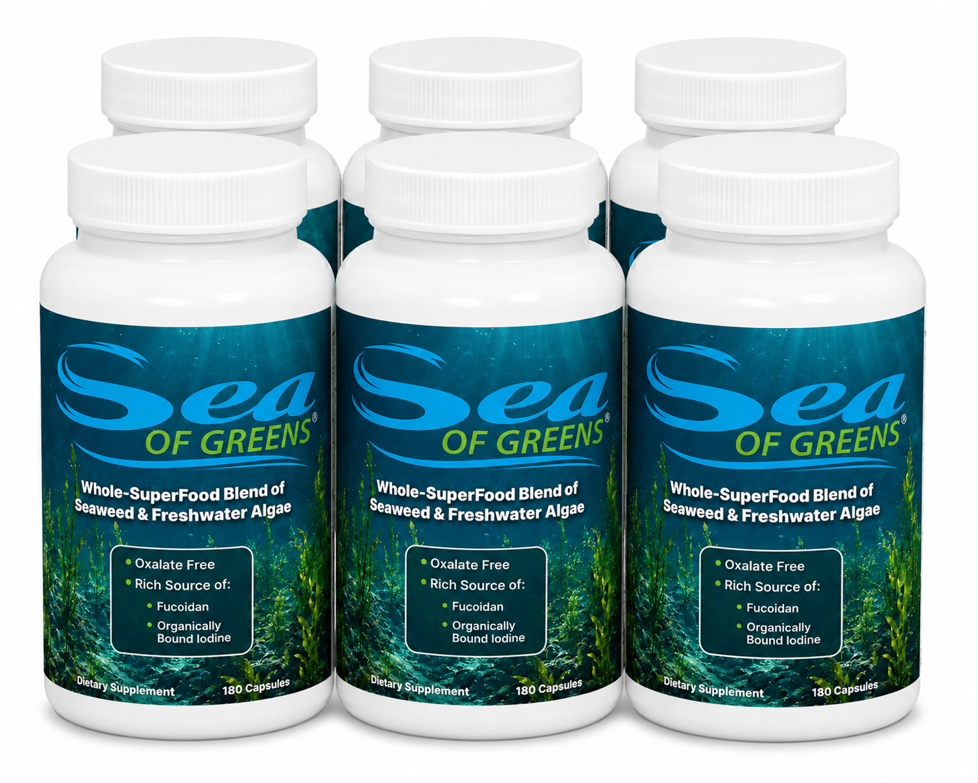Six bottles of Sea of Greens dietary supplement