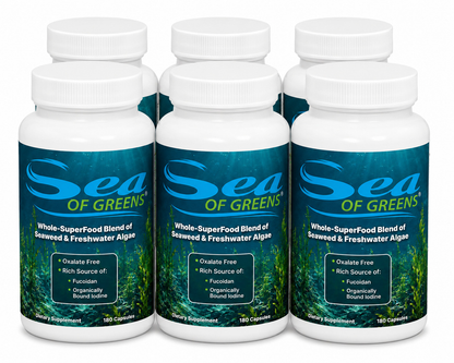 Six bottles of Sea of Greens dietary supplement